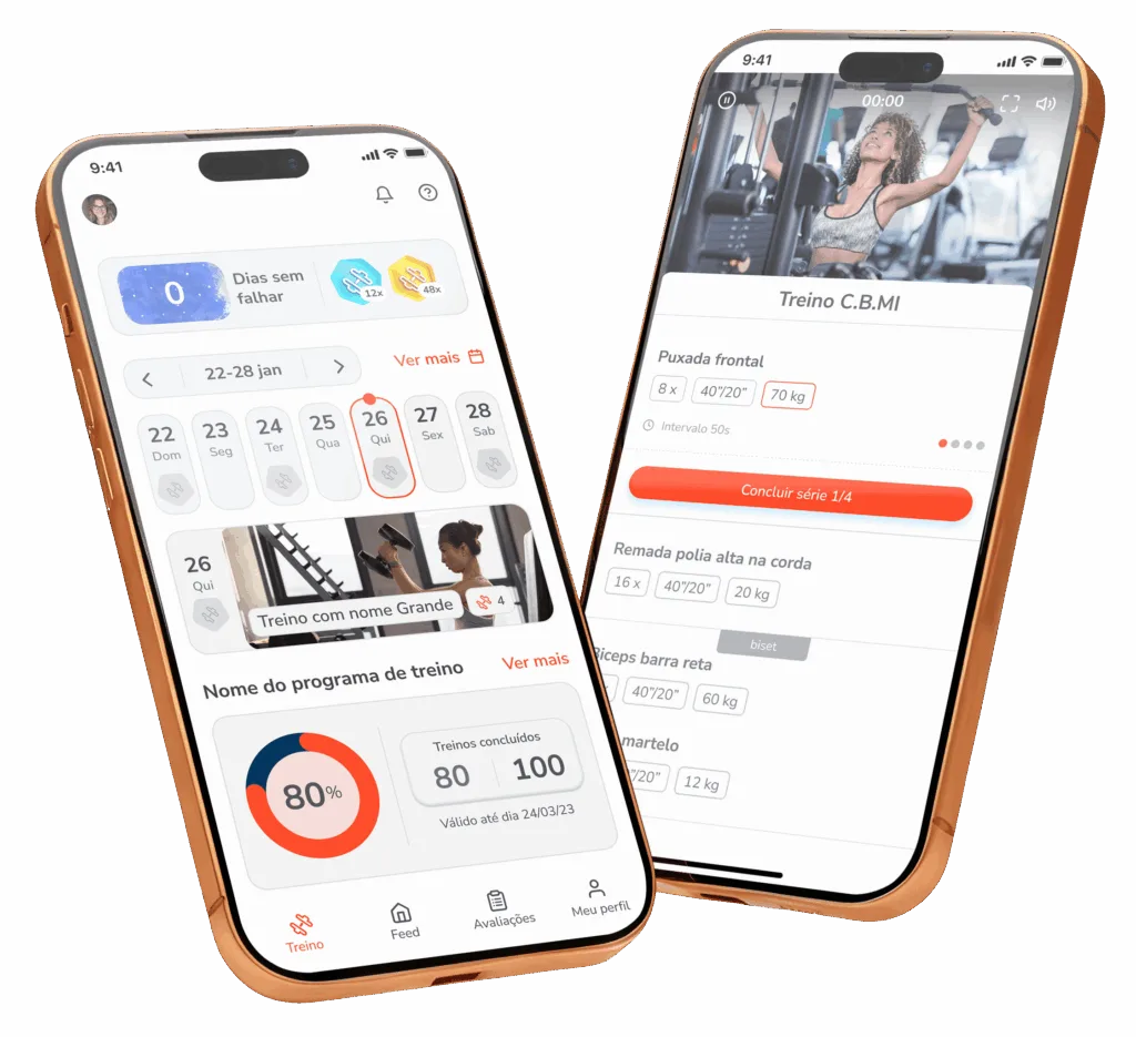 Agenda de treinos do aluno e tela de execução de exercício no app PersonalFit