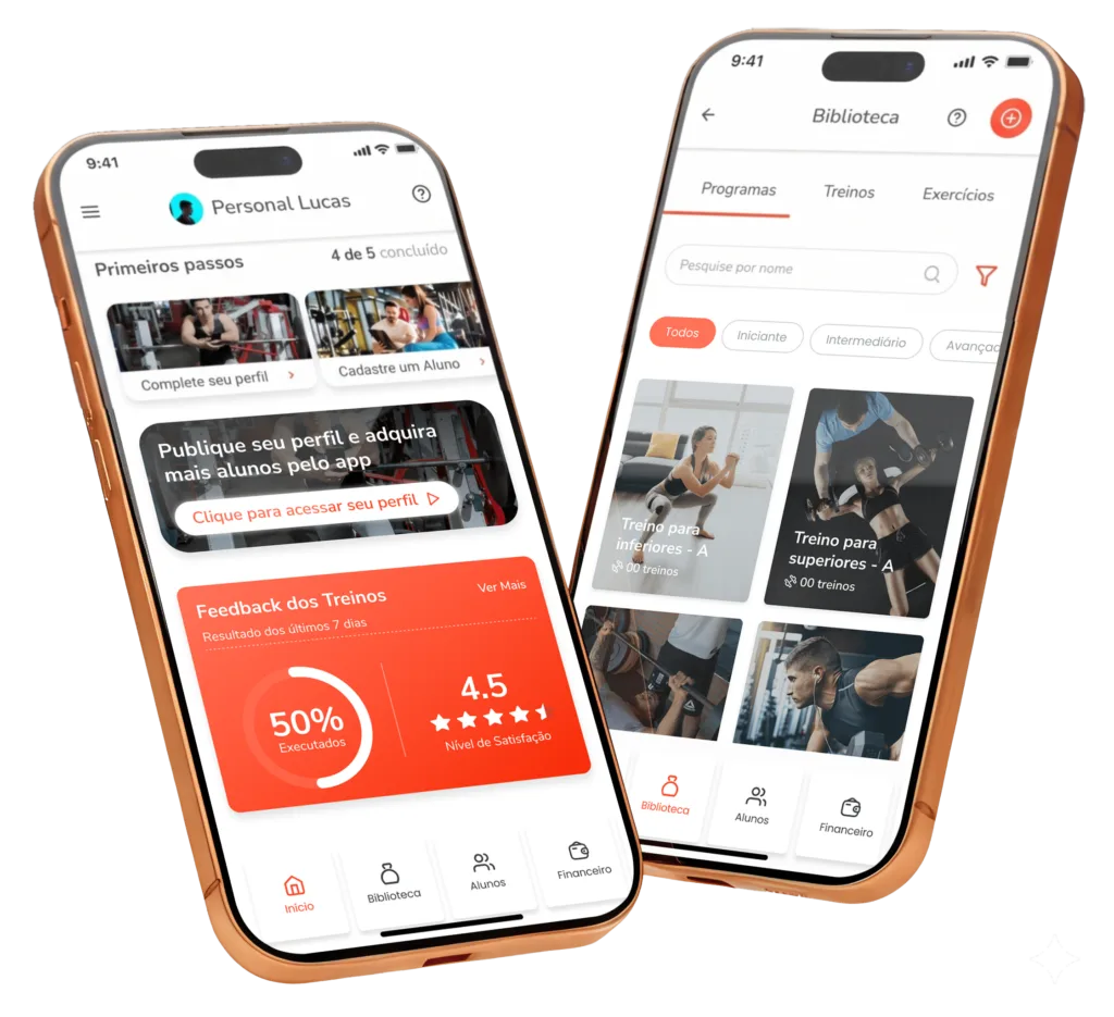 Painel do personal com perfil público e biblioteca de programas no app PersonalFit