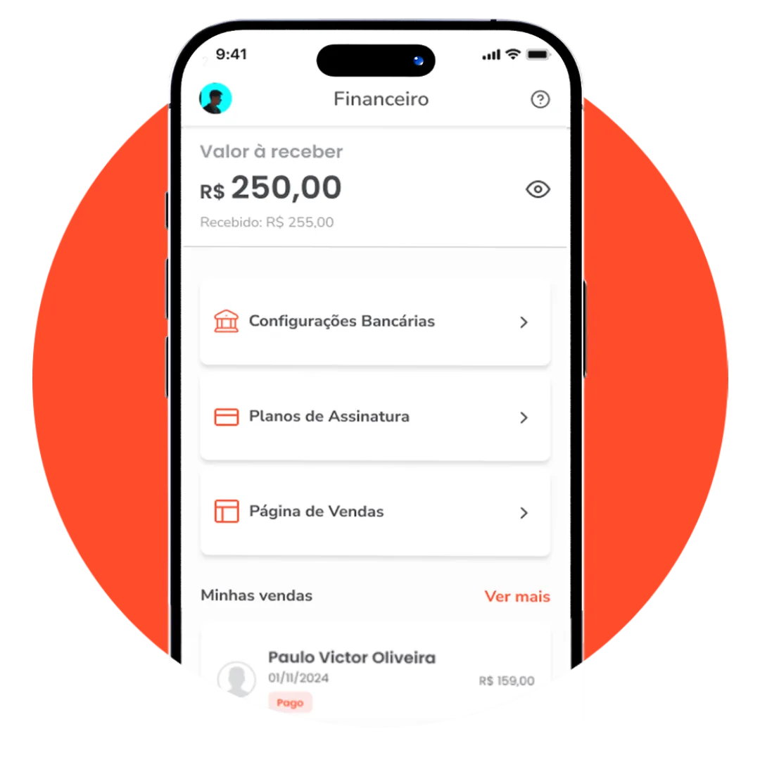 Tela financeira do app PersonalFit mostrando pagamentos dos alunos